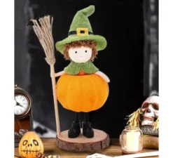 Bambola zucca con scopa ornamentale 15 cm