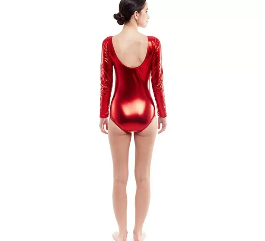 Body o maglia da donna a maniche lunghe rosso metallizzato