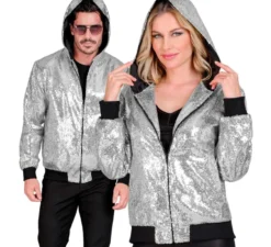 Bomber moda argento con cappuccio e paillettes per adulto