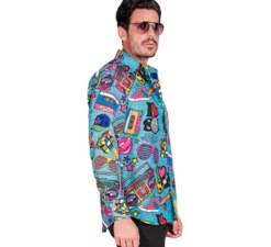 Camicia a maniche lunghe da uomo con stampa retrò anni '80