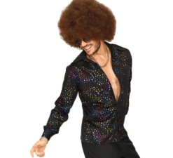 Camicia da uomo nera multicolore anni '70 in stile disco