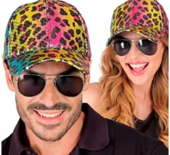 Cappellino con stampa animalier leopardata arcobaleno e paillettes