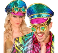 Cappellino da festival con occhiali Caleidos e paillettes multicolori