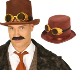Cappello a cilindro in feltro marrone con occhiali