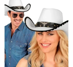 Cappello da cowboy con toro in feltro bianco