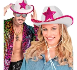Cappello da cowgirl bianco con paillettes rosa