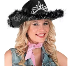 Cappello da cowgirl con tiara e rifiniture in piume in vari colori