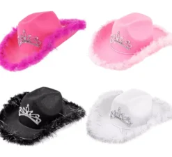 Cappello da cowgirl con tiara e rifiniture in piume in vari colori