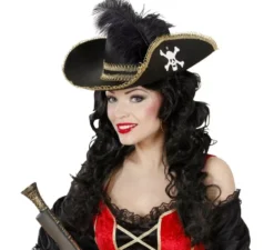Cappello da pirata nero con piuma in feltro