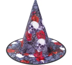 Cappello da strega con stampa di teschi e rose grigi