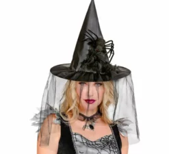 Cappello da strega con tulle, piume e ragno