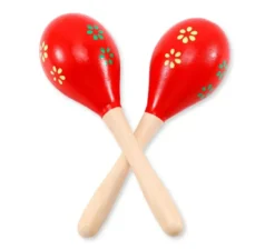 Coppia di maracas in legno rosso con fiori 20 cm
