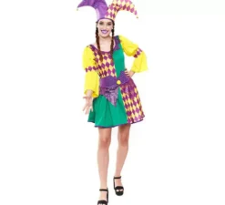 Costume da Arlecchino a scacchi viola e verde da donna