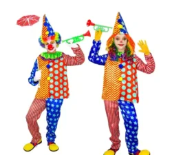 Costume da clown a righe e pois per bambini e ragazzi