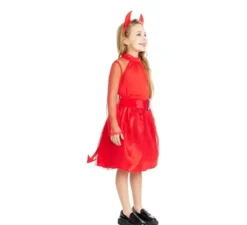 Costume da diavolo moderno rosso con fascia e coda per bambina