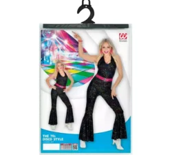 Costume da discoteca nero anni '70 con cintura per donna