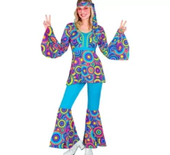 Costume da donna con bolle blu svasate anni '70