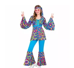 Costume da donna con bolle blu svasate anni '70
