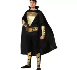 Costume da eroe dei fumetti nero e oro con mantello per uomo