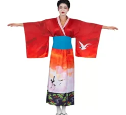 Costume da geisha rosso e rosa con cintura per donna