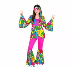 Costume da hippie anni '60 con fiori di cartone animato per donna