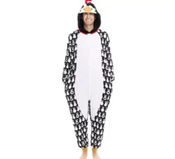 Costume da pinguino natalizio stampato o pigiama con cappuccio per adulto