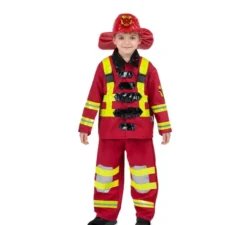 Costume da pompiere rosso e giallo con casco per bambino