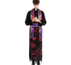 Costume da prete sanguinario nero con stola per uomo