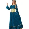 Costume da regina medievale blu e oro con copricapo per donna