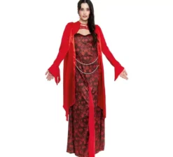 Costume da regina medievale con stampa floreale rossa per donna