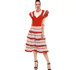 Costume da Sevillana bianco con bordo rosso per donna