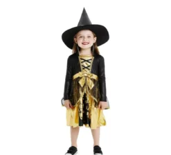 Costume da strega oro e nero con cappello per bambina e bambina