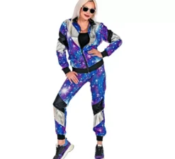 Costume da tuta blu glitterato da discoteca anni '80 per adulto