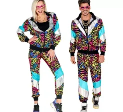 Costume da tuta con stampa animalier anni '80 multicolore neon per adulto