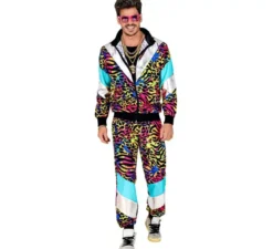 Costume da tuta con stampa animalier anni '80 multicolore neon per adulto