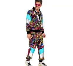 Costume da tuta con stampa animalier anni '80 multicolore neon per adulto