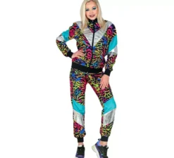 Costume da tuta con stampa animalier anni '80 multicolore neon per adulto