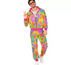 Costume da tuta da hippie fluorescente Groovy Love per adulto