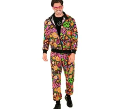 Costume da tuta da hippie Groovy Love fluorescente scuro per adulti