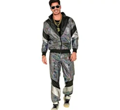 Costume da tuta riflettente argento anni '80 per adulto