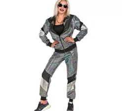 Costume da tuta riflettente argento anni '80 per adulto
