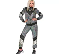 Costume da tuta riflettente argento anni '80 per adulto