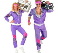 Costume da tuta viola anni '80 con personaggi per adulto