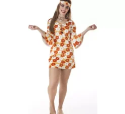 Costume hippie vestito arancione con fiori per donna