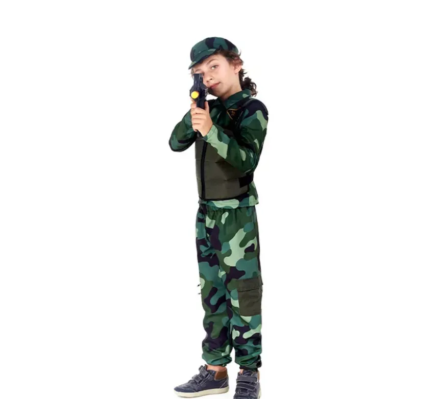 Costume militare mimetico verde con berretto per bambini