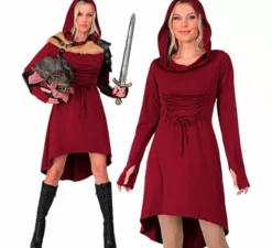 Costume o abito medievale rosso con cappuccio per donna