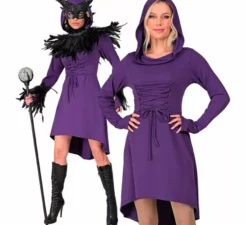 Costume o abito medievale viola con cappuccio per donna