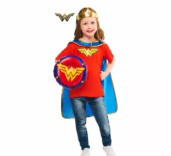 Costume o kit da meraviglia Donna per ragazze: Tiara, Mantello, Scudo e T-shirt