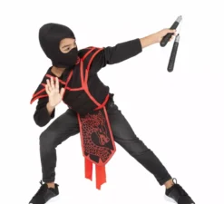 Costume o kit da ninja per bambini: top, cintura, cappuccio e nunchaku