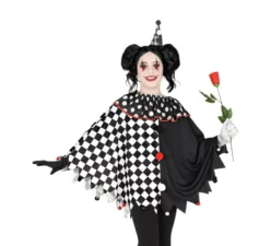 Costume o poncho da Arlecchino a scacchi bianchi e neri per bambina